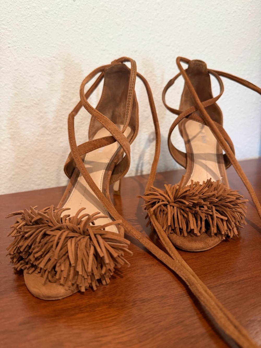 Gianni Bini Tan Suede Lace-Up Pom Pom Heels - Picture 3 of 5